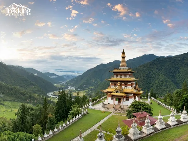 Scenic chorten at Dochula Pass overlooking the Himalayan valleys in Bhutan