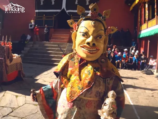Monks performing sacred dances during the Everest Mani Rimdu Festival Trek at Tengboche Monastery in the Everest region of Nepal.