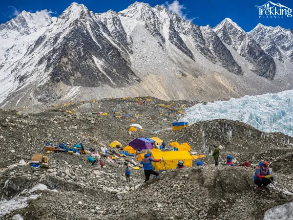 Glacial Base Camp Beneath Towering Peaks