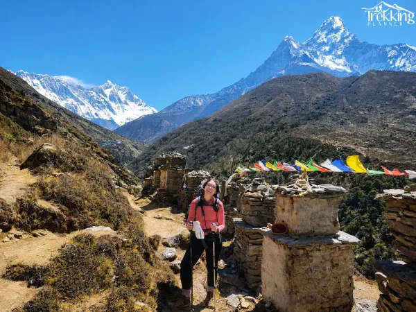 Mountain Trekker Among Himalayan Prayer Flags