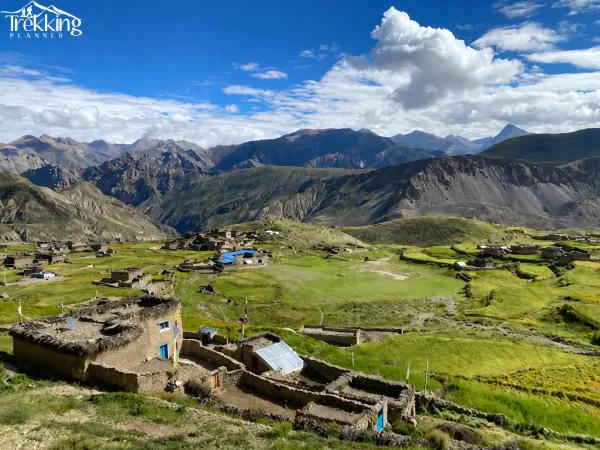 Mountain Valley With Stone Settlement And Fields From Lower Dolpo