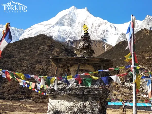 View Of Mount Manaslu With Prayer Flag