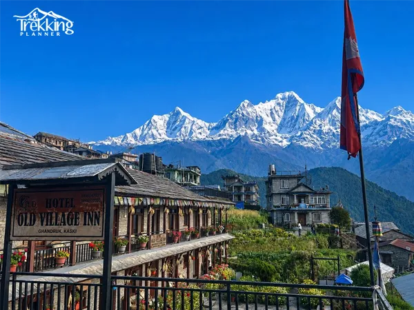 Trekking trail in Ghandruk with Annapurna mountain view and green hills