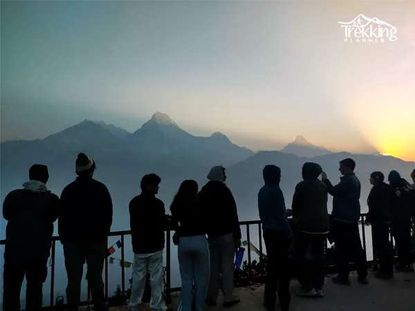 Sunrise over the Annapurna and Dhaulagiri mountain ranges from Poon Hill during the Ghorepani Poon Hill Trek in Nepal.