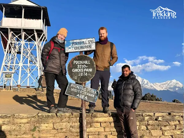 Trekkers enjoying the Poon Hill viewpoint during the Ghorepani Poon Hill Trek with Annapurna mountains in the background