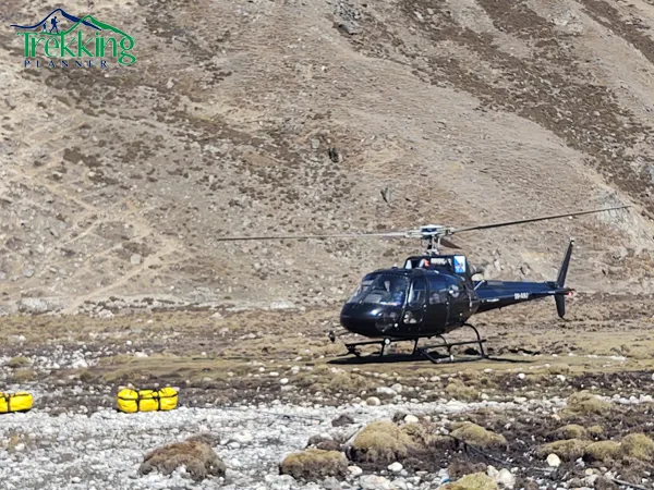 Aerial view of the turquoise Gokyo Lakes during the Everest View Trek and helicopter tour