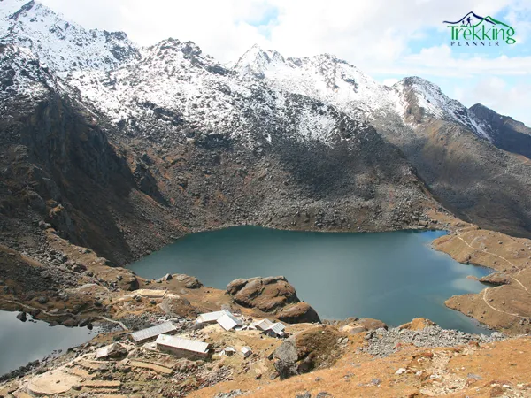 Trekker enjoying the stunning alpine scenery of Gosaikunda Lake during the Gosaikunda Pass Trekking route in Nepal