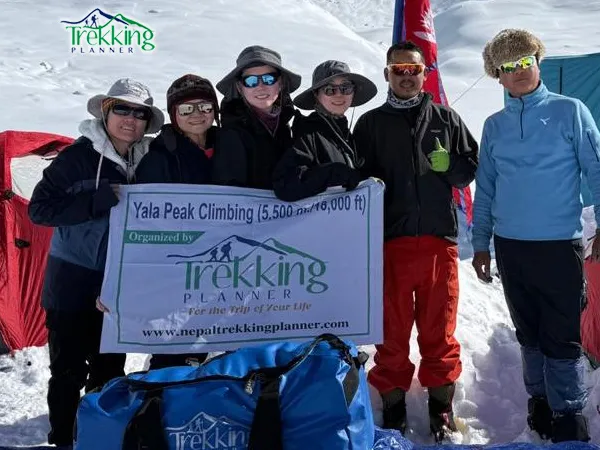 Mountaineers crossing a glacier during a Yala Peak climbing expedition in the Langtang Himalayas