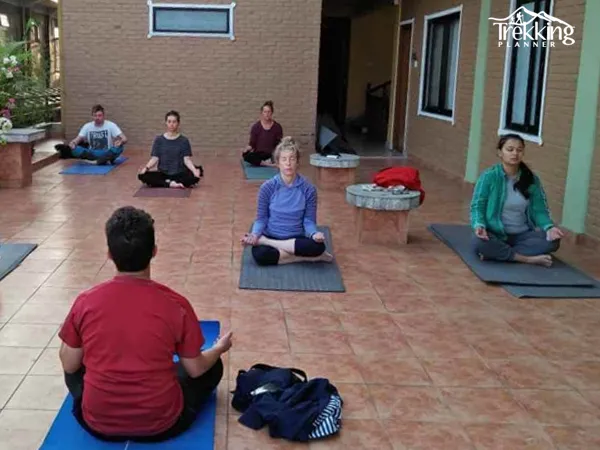 Meditation and yoga session in Lumbini Buddha Garden with peaceful