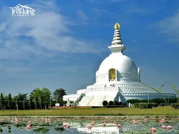 Sunset view of the World Peace Pagoda near Lumbini during a special Buddhist pilgrimage tour