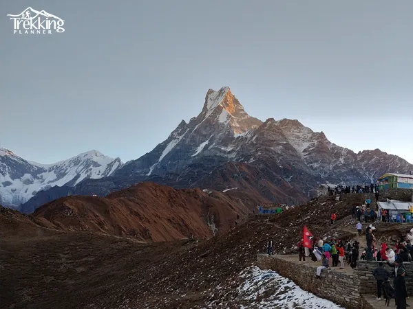 Trekking trail on Mardi Himal route with panoramic view of the Annapurna mountain range