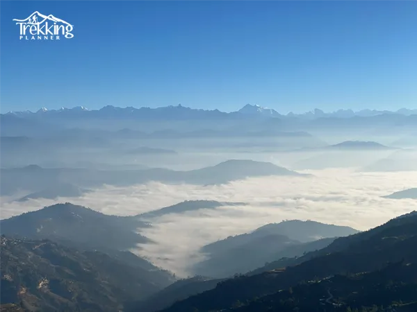 Panoramic sunrise view of the Himalayan mountain range from Nagarkot during the Chisapani Nagarkot Trekking.