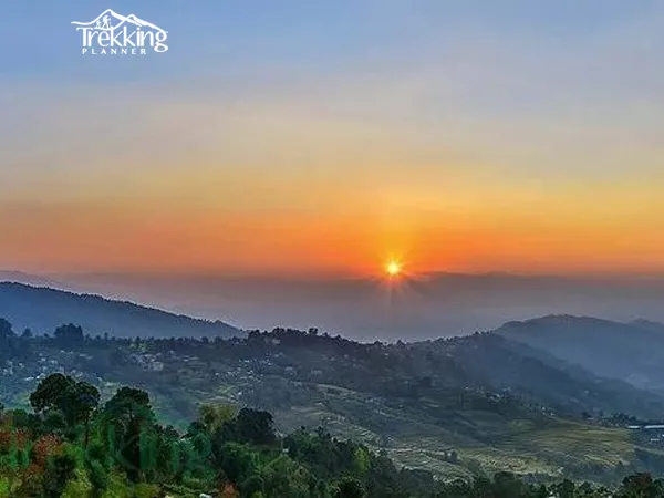 Sunrise view over the Himalayan mountains from Nagarkot before starting the hike to Changu Narayan Temple.