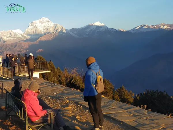 Sunrise view from Poon Hill showing Annapurna and Dhaulagiri ranges during panorama trekking