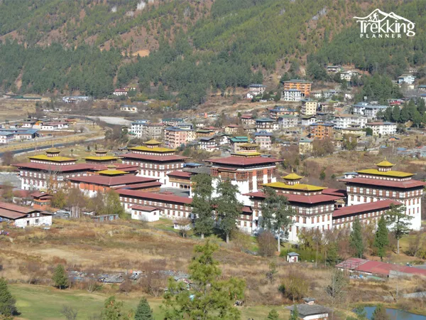 Panoramic view of Punakha Dzong during the Bhutan Dragon Tour.