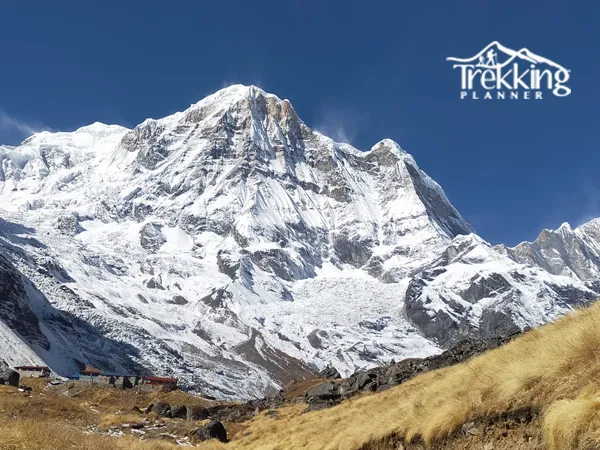 Scenic viewpoint during slow and easy trek in Annapurna showing snow-capped Himalayan peaks