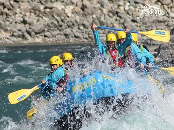 Adventure rafting in Trishuli River with clear water and mountain scenery Nepal
